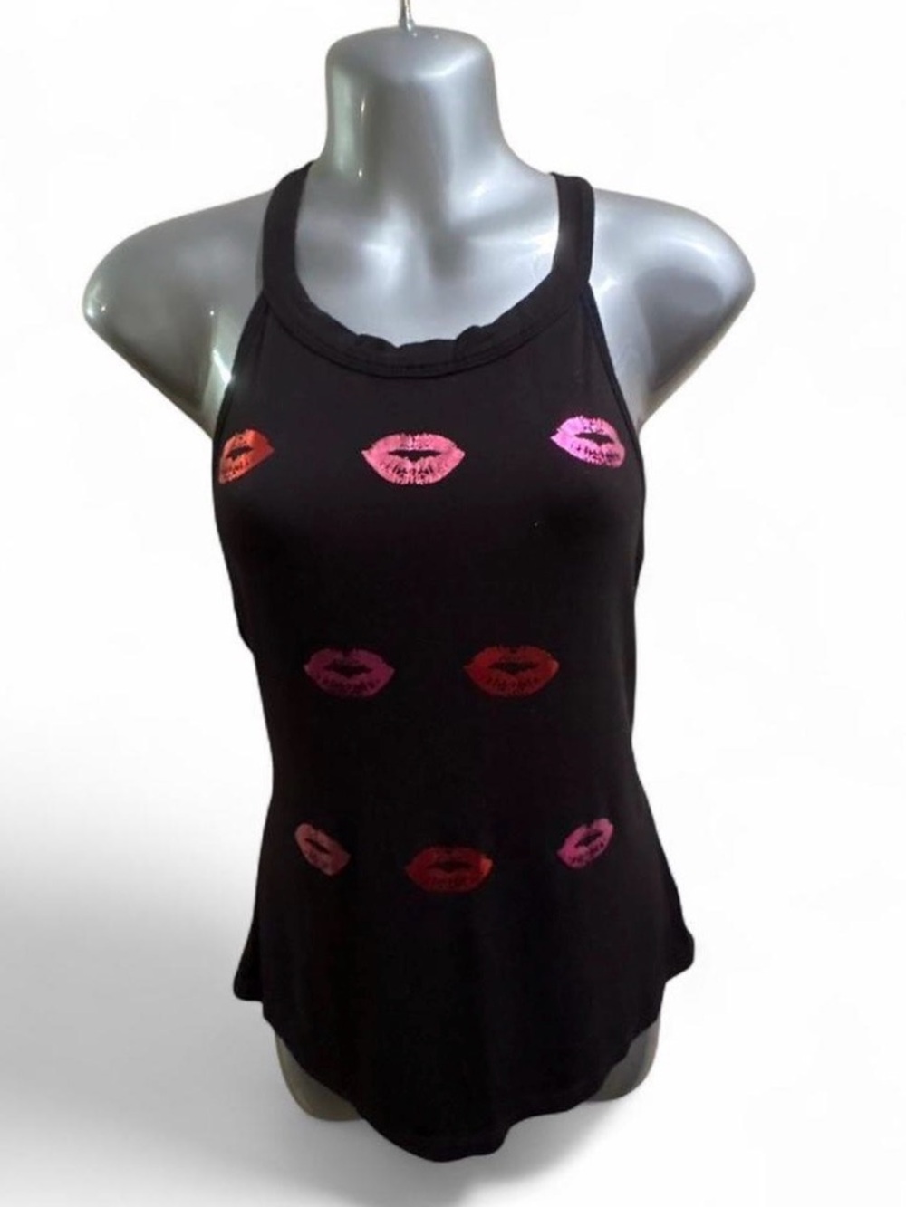 Betsey Johnson Black Lip Print Racerback Tank Top Sz M